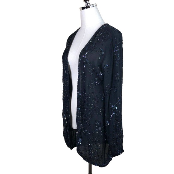 Vintage Judith Ann Embellished Blouse Black Silk Iridescent Sequins Beads Small - Picture 9 of 12